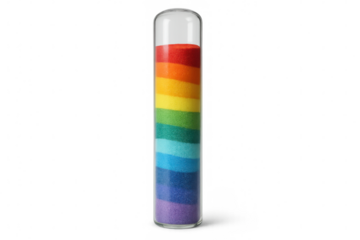 Rainbow-colored sand creating vibrant layers within a glass test tube, set against a clear, transparent background, showcases creativity and diversity