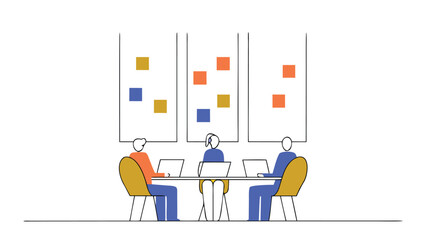 Office Meeting with Team Collaborating and Sticky Notes on Wall
