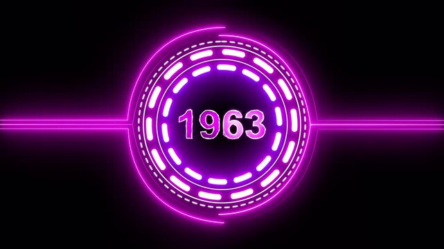 1963 text with screen effects of technological failures. Concept of counting years. Past year technology concept on black background.