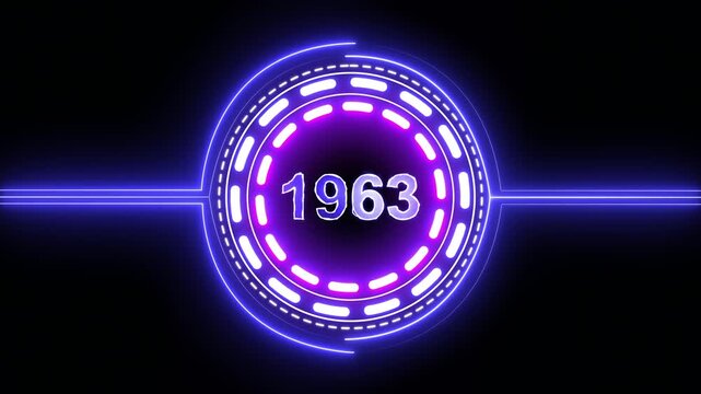 1963 text with screen effects of technological failures. Concept of counting years. Past year technology concept on black background.