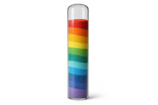 Rainbow-colored sand creating vibrant layers within a glass test tube, set against a clear, transparent background, showcases creativity and diversity