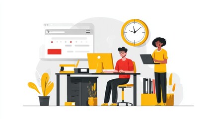 Work performance on schedule. Staff discipline. Time and attendance tracking system, office time tracking, employee time management concept. Website homepage landing web page template., no logos, no 