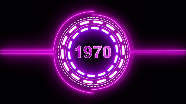 1970 text with screen effects of technological failures. Concept of counting years. Past year technology concept on black background.