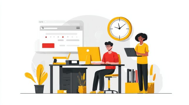 Work performance on schedule. Staff discipline. Time and attendance tracking system, office time tracking, employee time management concept. Website homepage landing web page template., no logos, no 