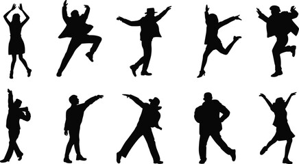 Energetic people dancing and jumping in silhouette, expressive movements, dynamic poses vector illustration, black figures for lifestyle and motion design