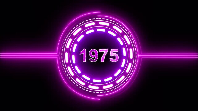 1975 text with screen effects of technological failures. Concept of counting years. Past year technology concept on black background.