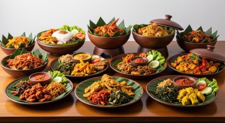 A lavish spread of traditional Indonesian cuisine served in earthenware bowls and on plates lined with banana leaves.