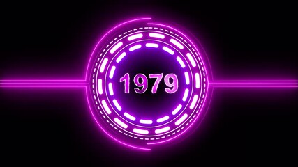 1979 text with screen effects of technological failures. Concept of counting years. Past year technology concept on black background.