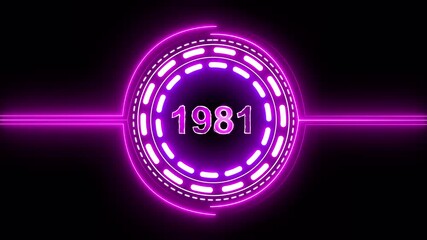 1981 text with screen effects of technological failures. Concept of counting years. Past year technology concept on black background.