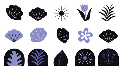 Set of Minimalistic Floral and Leaf Icons in Black and Purple