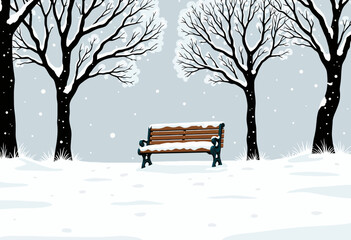 Winter landscape with a snow-covered bench and bare trees