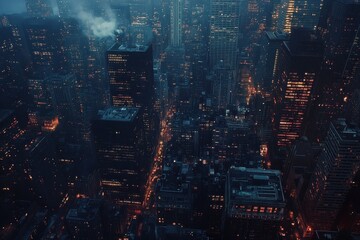 Stunning view of New York City skyline illuminated at night from an aerial perspective, New York City skyline at night, aerial