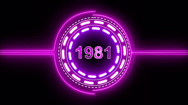 1981 text with screen effects of technological failures. Concept of counting years. Past year technology concept on black background.