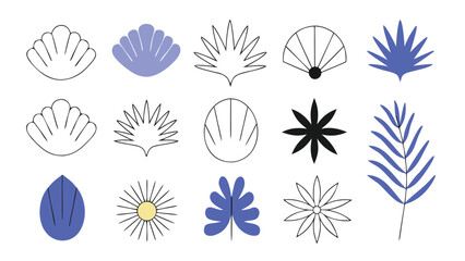 Collection of Floral and Leaf Icons in Black and Blue Design
