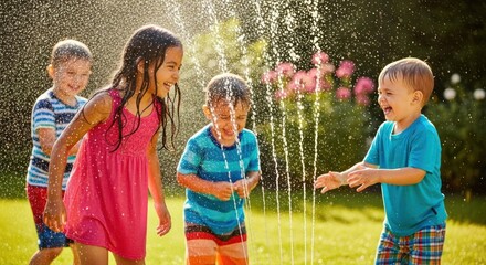 Four happy children laughing and playing together in a garden sprinkler on a sunny summer day.