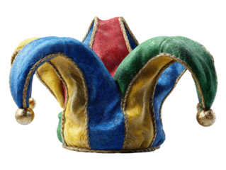 Festive jester hat colorful decoration for carnival fun. Isolated on transparent background, png.
