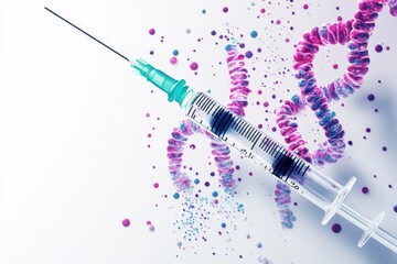 DNA strand rotates over vaccine and syringe symbolizing medical advancement and health innovations, dna strand spinning over vaccines and syringe on Transparent background