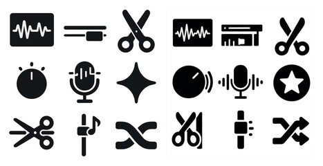 Collection of various icons, including scissors, a microphone, and a star. The icons are all black and white, and they appear to be related to music or audio production