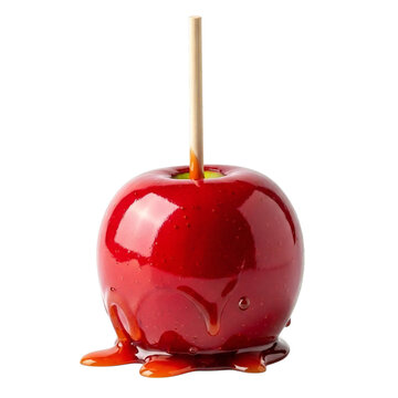 Delicious and shiny caramel apple coated in glossy red candy coating, ready for eating on transparent background