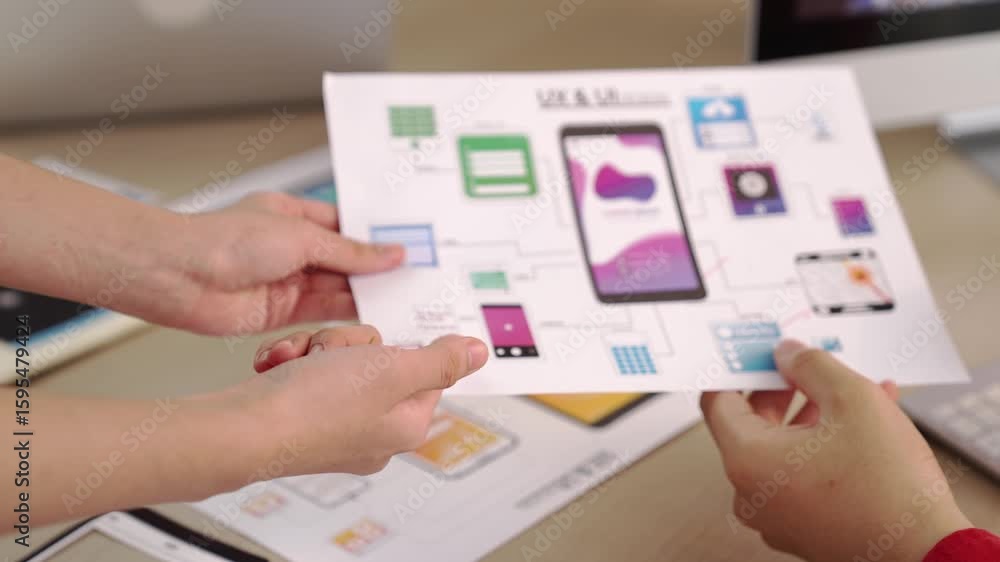 Poster panorama video of startup company employee planning on user interface prototype for mobile applicati
