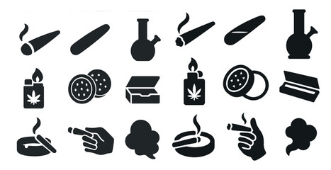 Collection of various smoking and marijuana related icons. The icons include a lighter, a pipe, a bowl, a cigarette, and a joint. Scene is casual and relaxed