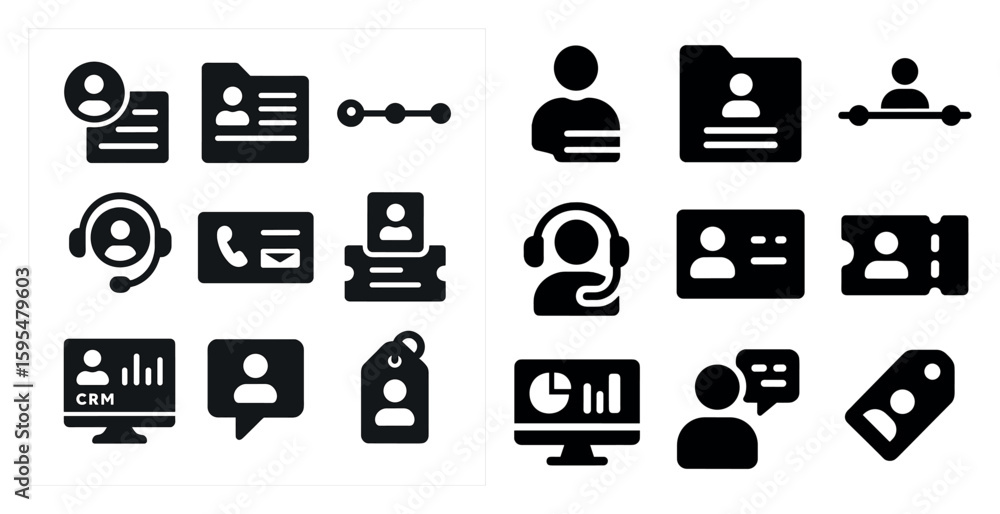 Poster set of icons for various office and business-related tasks. the icons include a person wearing a hea