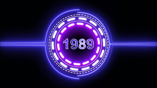 1989 text with screen effects of technological failures. Concept of counting years. Past year technology concept on black background.