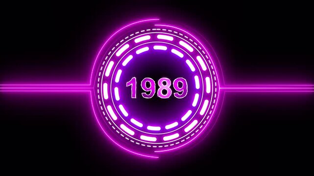 1989 text with screen effects of technological failures. Concept of counting years. Past year technology concept on black background.