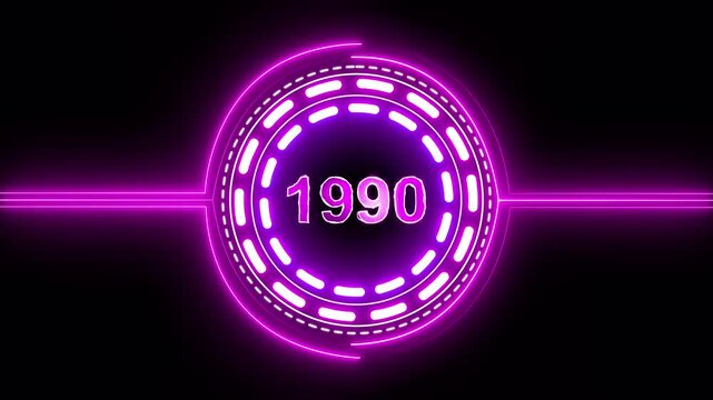 1990 text with screen effects of technological failures. Concept of counting years. Past year technology concept on black background.