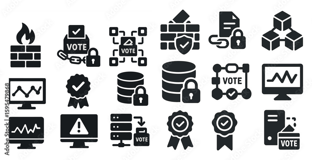 Poster collection of icons for voting, voting security, and voting systems. the icons include a check mark,