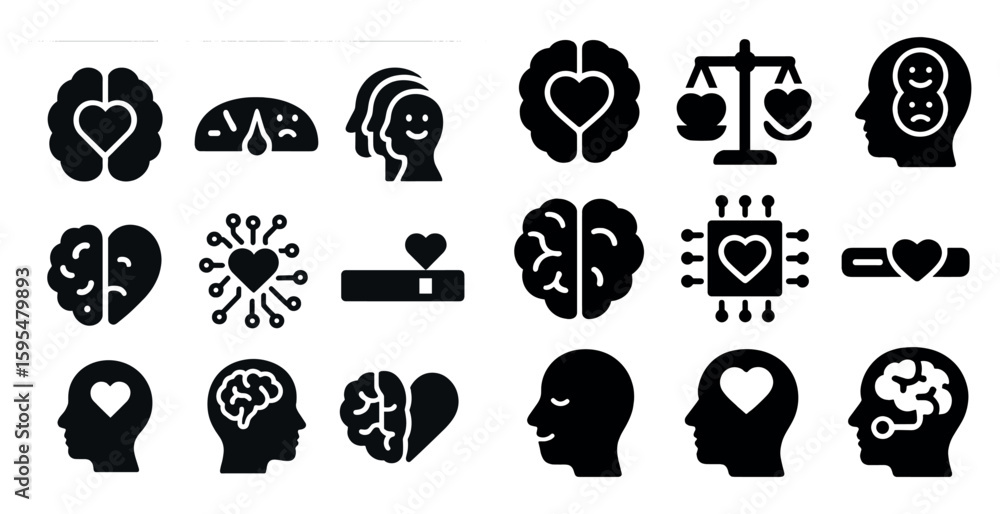Poster collection of black and white icons that represent the human brain. some of the icons include a hear