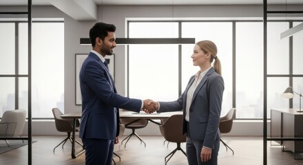A smiling businessman and businesswoman in formal suits shake hands, finalizing an agreement in a bright, modern office.