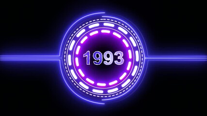 1993 text with screen effects of technological failures. Concept of counting years. Past year technology concept on black background.