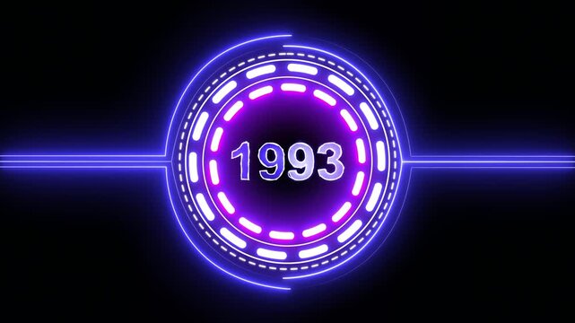 1993 text with screen effects of technological failures. Concept of counting years. Past year technology concept on black background.