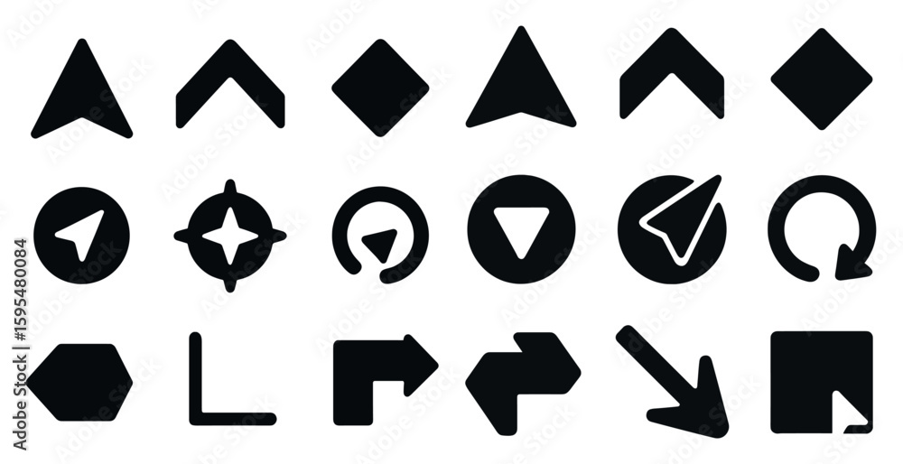 Poster collection of black and white icons including arrows, a star, and a triangle. the icons are arranged