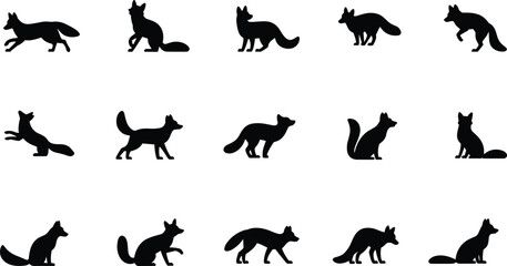 Fox silhouette illustrations in various natural poses, black vector artwork collection for wildlife, forest, nature, pet design, creative projects