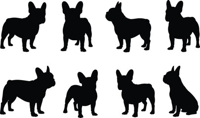 French Bulldog silhouette collection, pet dog vector artwork, black graphic design, animal pose illustration, cute breed icon set, playful style