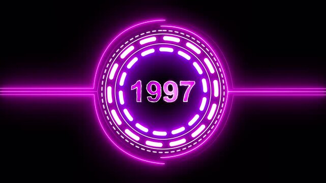 1997 text with screen effects of technological failures. Concept of counting years. Past year technology concept on black background.