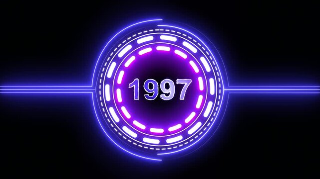 1997 text with screen effects of technological failures. Concept of counting years. Past year technology concept on black background.