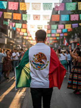 Hombre camina con bandera de M&eacute;xico en su espalda por las calles decoradas para la celebraci&oacute;n del mes patrio mexicano.