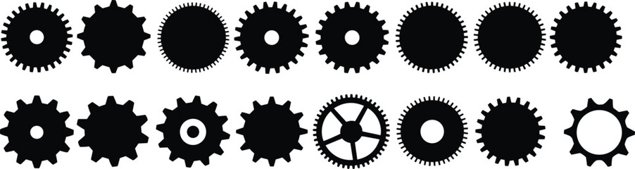 Gear silhouette collection featuring mechanical cog shapes, vector illustration for industrial design, engineering components, technology system, machinery parts artwork