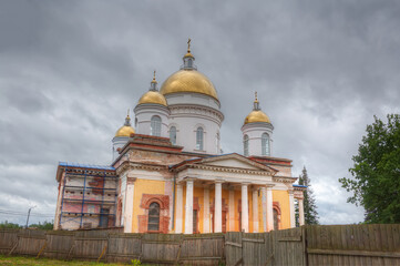 Christian church under restoration. Borovichi city, Russia.