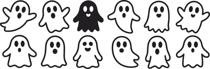 Ghost silhouette vector collection, cute Halloween character illustration, spooky cartoon icon pack, black paranormal artwork, festive haunted decoration design