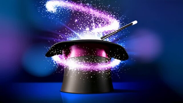 Magic hat with wand and sparkling lights on a blue background
