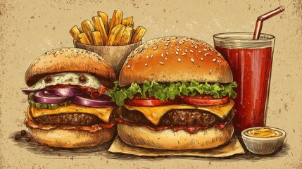 Burger poster fast food menu design elements. Template of fast food menu ad or burger banner cafe menu. Vintage style layout with burger, no logos, no brands