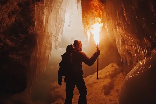 Exploring a stunning ice cave with a torch in slow motion during a winter expedition, Exploring Ice Cave With Torch Slow Motion - Powered by Adobe