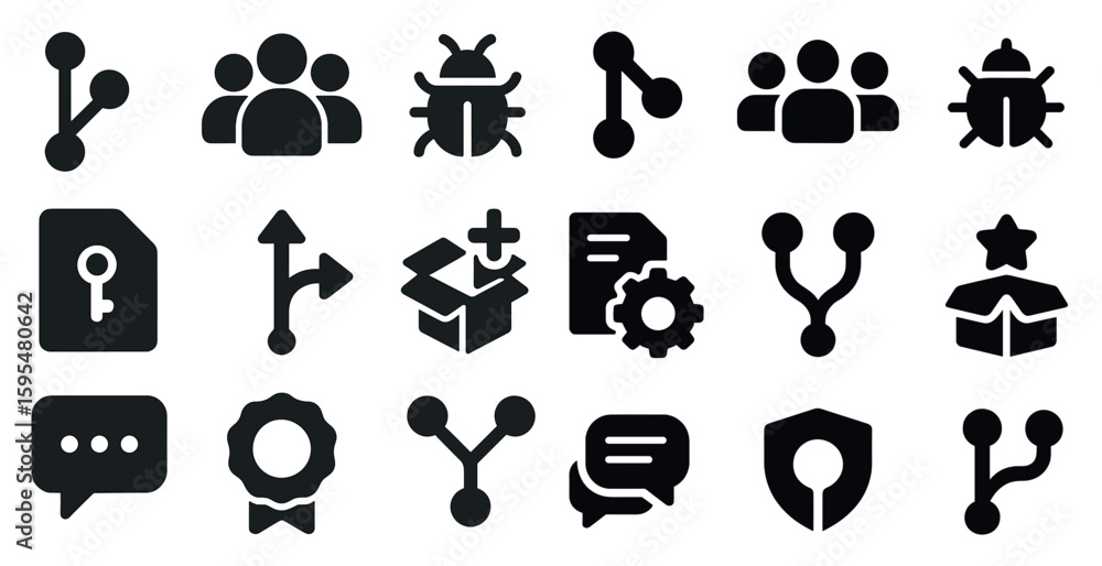 Poster collection of icons for various computer programs and services. the icons include a key, a box, a ge