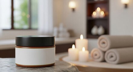 Spa Setting with Cream Jar and Candles. Ai generation