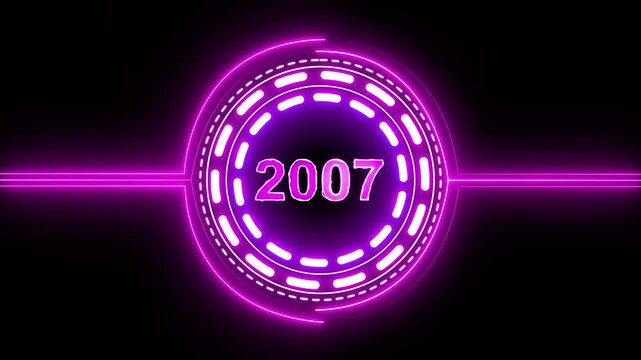 2007 text with screen effects of technological failures. Concept of counting years. Past year technology concept on black background.