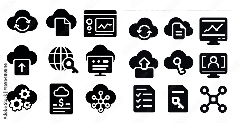 Poster collection of icons for various computer programs and devices. the icons include a cloud, a key, a c